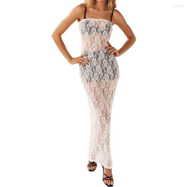 Freizeitkleider Damen Sommer Durchsichtiges Langes Kleid Ärmellos Schulterfrei Spitze Blumen Sexy Trägerlos Durchsichtig Pary Clubwear Weiß