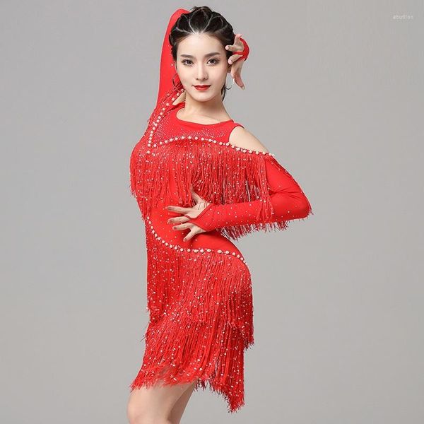 Stage Wear X107 Latin Dance Dress Performance Kleidung Mädchen Pailletten Quaste Wettbewerb Erwachsene Kostüme Anzug