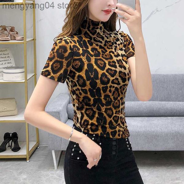 T-shirt da donna estate vestiti europei T-shirt moda dolcevita leopardo sexy donna top Ropa Mujer cotone manica corta magliette 2022 nuovo T03004 T230510