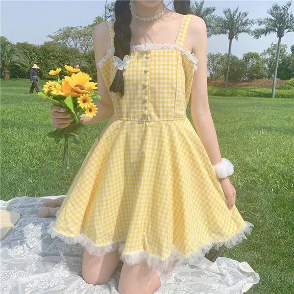 Freizeitkleider Sommer Kawaii Lolita Trägerkleid Frauen Patchwork Spitze Japanisch Süß Niedlich Mini Gelb Plaid Märchen 2023