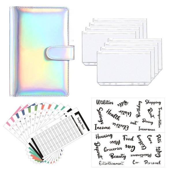 Блокноты A6 Glitter PU Leather Binder Budger Budget Envelope System с чистыми карманами на молнии листы расходов 230510