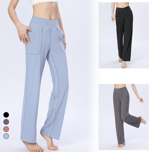 Lu Yogahosen, hohe Taille, Hüftheben, breite Beinhosen, Pilates, Yogahosen, Damen, lockere Sporthosen mit Taschen, schweißabsorbierende elastische Laufhosen, gerade Hosen