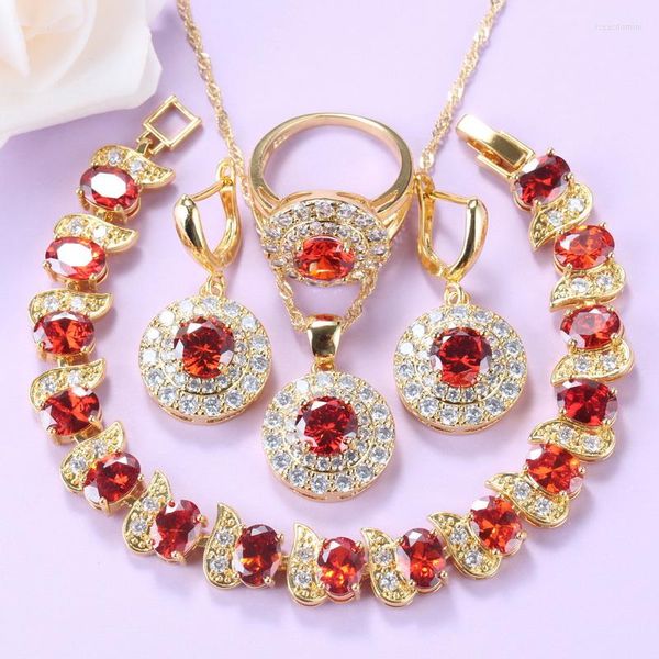 Brincos de colar Definir cor de ouro de qualidade para mulheres e bracelete Red Garnet Wedding Ring Sets