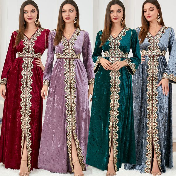 Qnpqyx novo vestido muçulmano de veludo feminino abaya bordado marrocos vestido de festa inverno engrossar divisão abayas kaftan islam turquia árabe longo robe