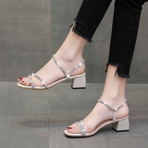 Sandalen Damen Sandalen 2022 Neue Sommer Open Tped Damenschuhe Mode Strass Dicke Ferse Römische High Heels Damen Net Rot AA230509