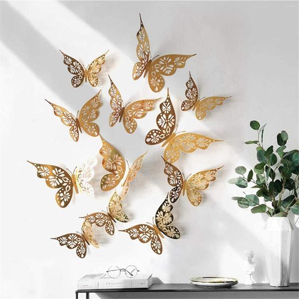 Adesivos de parede que brilham em ouro rosa metálico 3d adesivo de borboleta oca para decoração de casa decoração de borboletas decoração de diy casamento