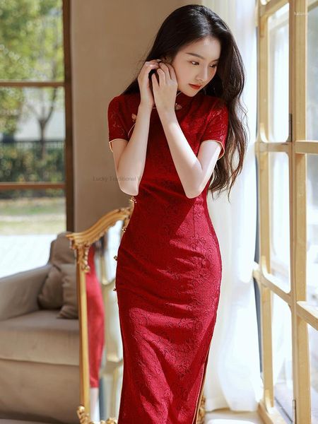 Этническая одежда вино красное чёнзам платье невесты на китайском фестивале свадьба Женский темперамент Длинные кружевные женщины стройная леди сексуальная Qipao