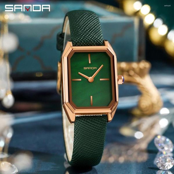 Нарученные часы Sanda Luxury Ladies Quartz Watch маленькая зеленая тарелка Элегантные часы модные винтажные кожаные ремешки прямоугольные женщины