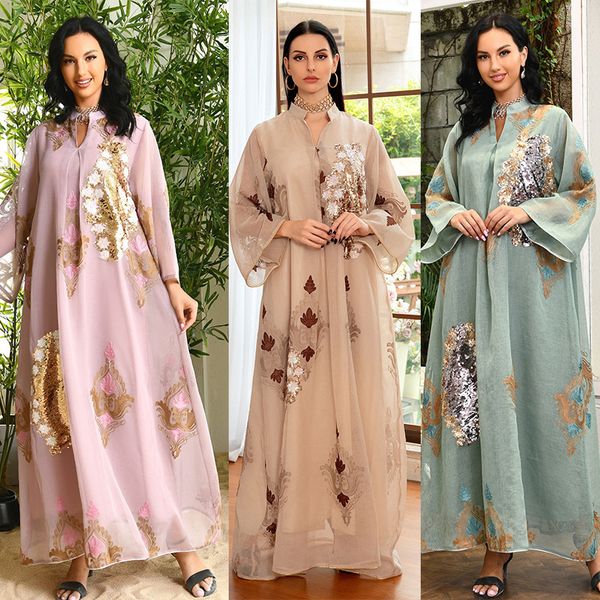 Abbigliamento etnico Africa Donne musulmane Abito nero Abito ricamato in oro lucido Abaya Kaftan Dubai Bondou Tessuto confortevole Islamico 230510