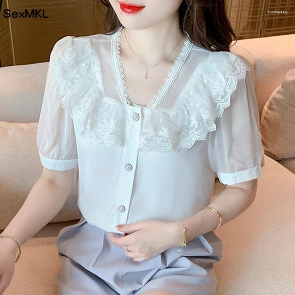 Bloups feminina Mulheres Camisas de verão de chiffon 2023 Roupas da moda coreana v pescoço branco tampo mujer renda de retalhos