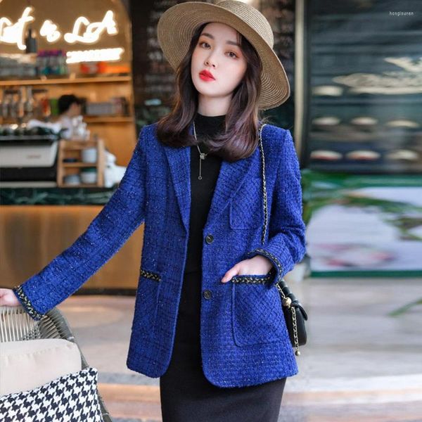 Giacche da donna Abito in tweed blu retrò stile britannico di alta qualità Autunno Inverno Donna Piccolo profumo Elegante cappotto di lana alla moda