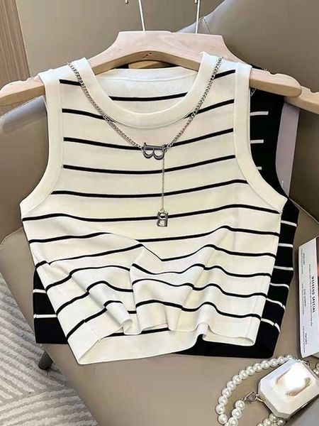 Canottiere da donna Camis Primavera Estate Maglia a righe senza maniche Top a vita alta Ombelico Canotta corta Canotta Canotte Canotte da donna Top corsetto bianco Z0510