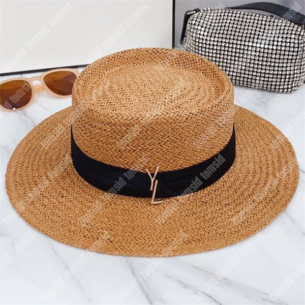 Chapéu de balde de palha de grife feminino ajustado verão masculino casual trança de grama chapéu de praia de aba larga de luxo com letras douradas fivela chapéu de sol moderno