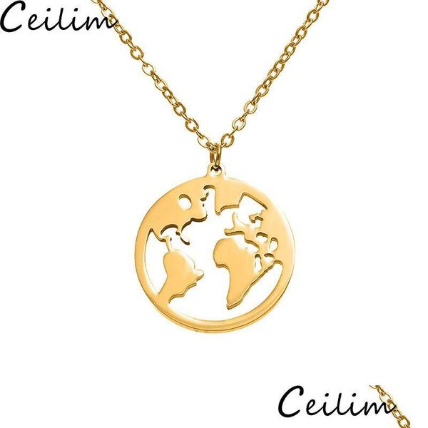 Подвесные ожерелья из нержавеющей стали мира ожерелье карты женщины мужчины золотые цепочки Sier Rose Globe Travel Jewelry Gift Delive Dhgarden dhqvi