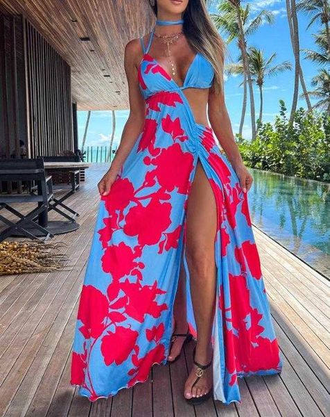 Abiti da festa Abiti eleganti Donna Sexy senza maniche Stampa floreale Ritaglio Backless Drstring Alta fessura Maxi abito 2023 Summer Beach Vacation Y23