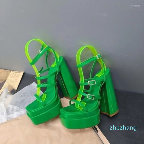 2023-Sandals Summer Super High Heels Square Peep Toe Lady Rome Chunky Shoes Cut Out Platform Buckle Patent Leather Women