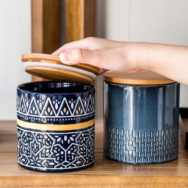 Bottiglie di stoccaggio jar ceramico in ceramica in stile giapponese con copertura di bambù a prova di umidità semplice tè da tè multigrain chicchi
