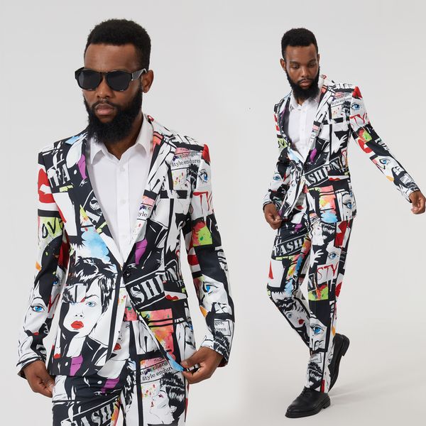 Men S Suits Blazers Setelan Pria Musim Gugur American Graffiti Print Suit Kerah Slim Fit Celana Pensil Kasual Setreia Conjunto de roupas Pakaian 230509