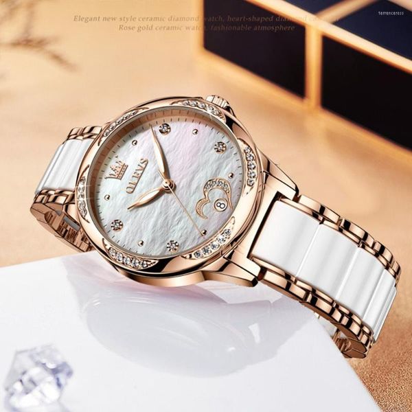 Relógios de pulso relógios para mulheres diamante diamante rosa pedreira de gole de cerâmica strap ladies mecanismo relógio de relógio Montre femme