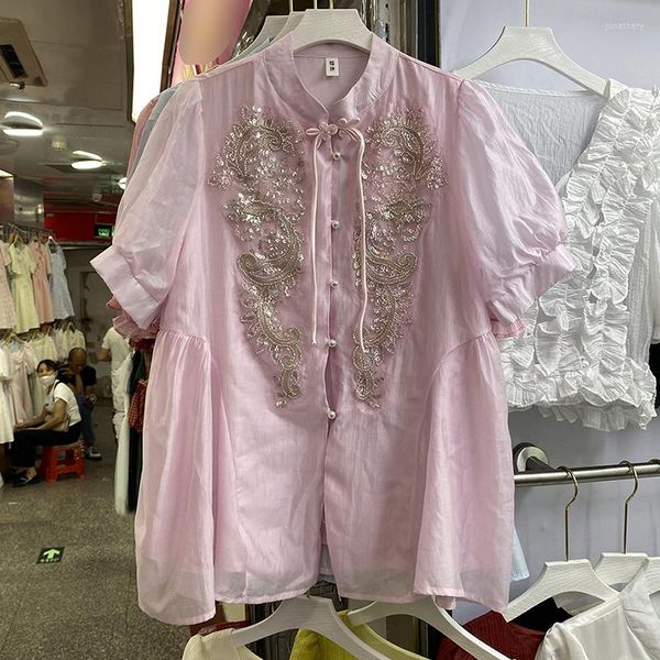 Kadın bluzları Çin vintage düğmesi kadınların üstleri boncuklu payet puf kolu blusas de mujer zarif feminas yaz bluz damlası
