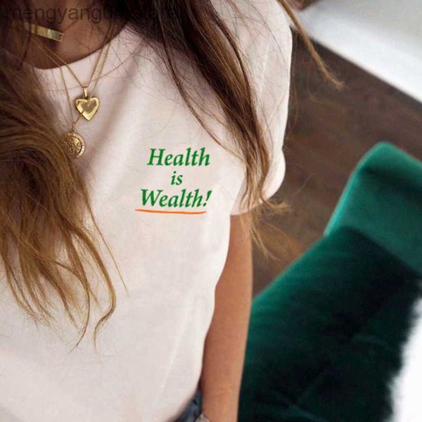 Damen-T-Shirt „Gesundheit ist Reichtum“-Taschendruck, Damen-T-Shirts, kurzärmelig, lockere Baumwolle, Tops, T-Shirts, Rundhalsausschnitt, Sommer-Freizeithemden 2022 T230510