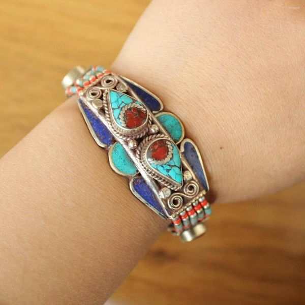 Bracelets porte-bonheur BR476 népal bijoux faits à la main femme Bracelet cuivre Lapis Turquoises pierre naturelle colorée