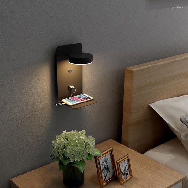 Lampade da parete moderna lampada da comodino a led con porta USB interruttore staffa di stoccaggio mensola luce per interni camera da letto soggiorno divano illuminazione laterale