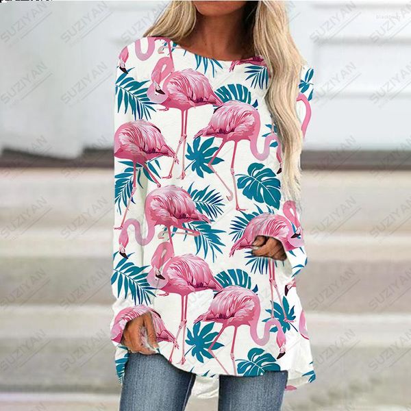 Sıradan elbiseler bahar yaz kadın a-line etek parçalanmış çiçek flamingo 3d baskılı plaj yuvarlak boyun kazık uzun kollu