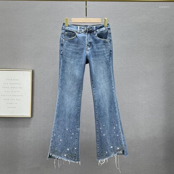 Jeans da donna con strass per donna 2023 Primavera Autunno Elastico a vita alta Pantaloni svasati sfilacciati sottili Ragazze skinny Denim sexy