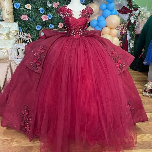 Vermelho o pescoço doce 16 quinceanera vestido 2024 rendas brilhantes apliques lantejoulas 3d flores princesa vestido de baile vestidos de 15 anos