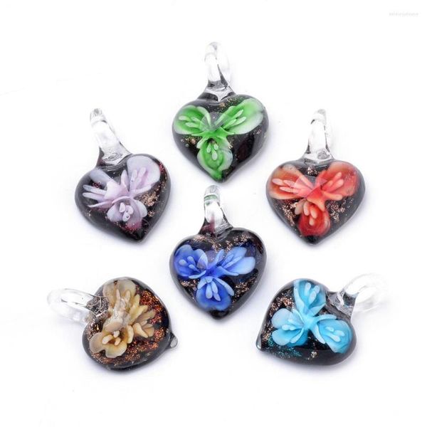 Anhänger Halsketten Pandahall 50 Stück Lampwork Glas Herz mit innerer Blume Murano Charms Fit Halskette DIY Schmuckherstellung Dekoration