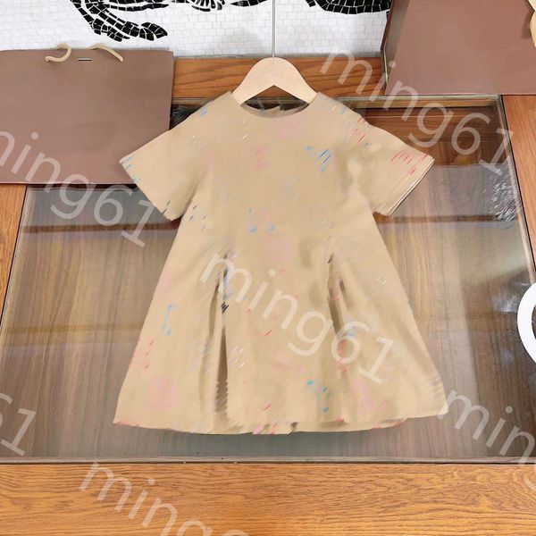 23SS Kinder-Designer-Kleidung für Mädchen, kurzärmelige Kleider, Rundhalsausschnitt, reine Baumwolle, Farbe, Buchstaben-Logo-Druck, kurzärmeliges Kleid, große Mädchenröcke, Kinderkleidung