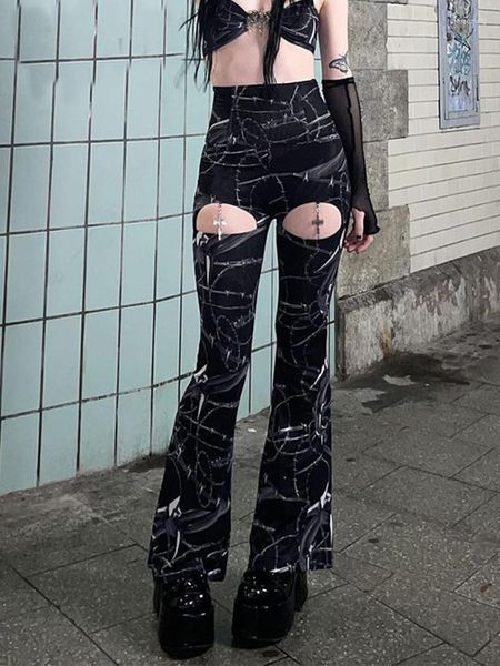 Calça feminina 2023 y2k gótico punk flare women harajuku sexy oco com estampa alta cintura alta skinny vintage bell tons back preto calças pretas