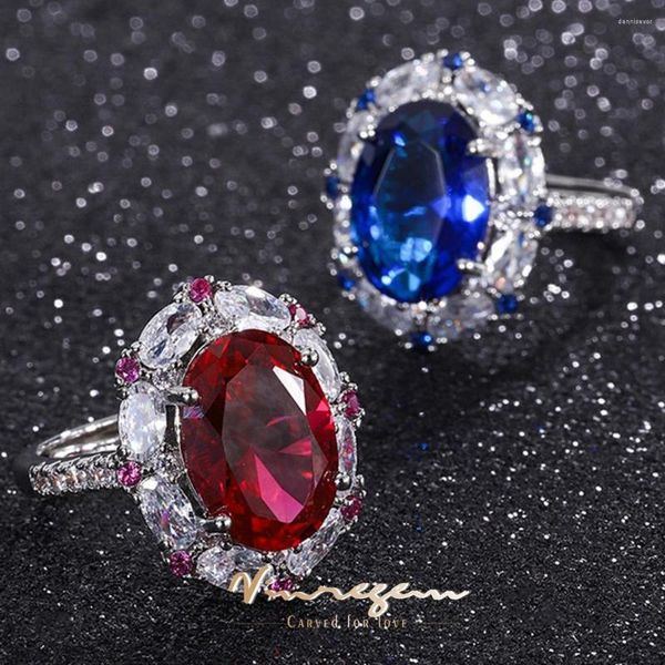 Cluster Rings Vinregem Luxury 10 14MM Oval Lab Creato Ruby Sapphire Gemstone Ring Per le donne Regalo Anniversary Cocktail Party Jewelry