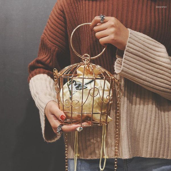 Akşam çantaları Tasarım Kadın kuş kafesi çantası debriyaj metal çerçeve nakış kuş kafesi mini çanta kadınlar altın püskül çanta