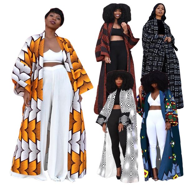 Etnik Giyim Afrikalı Baskı Gevşek Uzun Trençkot Sokak Giyim Kadınları Dashiki Elbise Moda Femme Boho Cardigan Afrika 230510