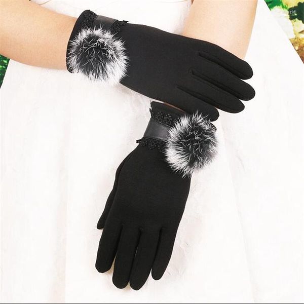 Luvas de ciclismo Moda Mulheres Winter Luva Elegante Laca Faux Fur Ball Touch Screen Cashmere