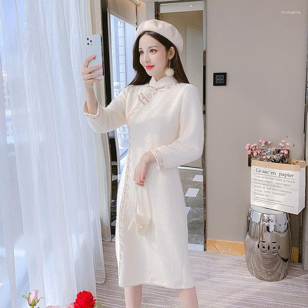 Ethnische Kleidung Vintage weißes Cheongsam Kleid im chinesischen Stil sexy Split Herbst Winter Qipao schlankes junges Mädchen elegante Party orientalisch