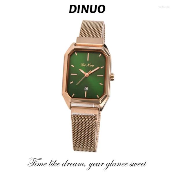 Orologi da polso Dinuo_ Orologio da donna a forma di lancetta con calendario Piccolo orologio verde Ins Wind Light Luxury Retro Square Disc Varietà di cinturini