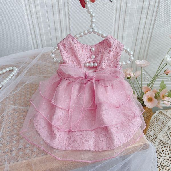 Abbigliamento Gatto Cane Abito da sposa Vestiti estivi per cani Gonna Abiti di pizzo rosa Cucciolo York Yorkie Pomerania Barboncino Bichon Abbigliamento per cani maltesi