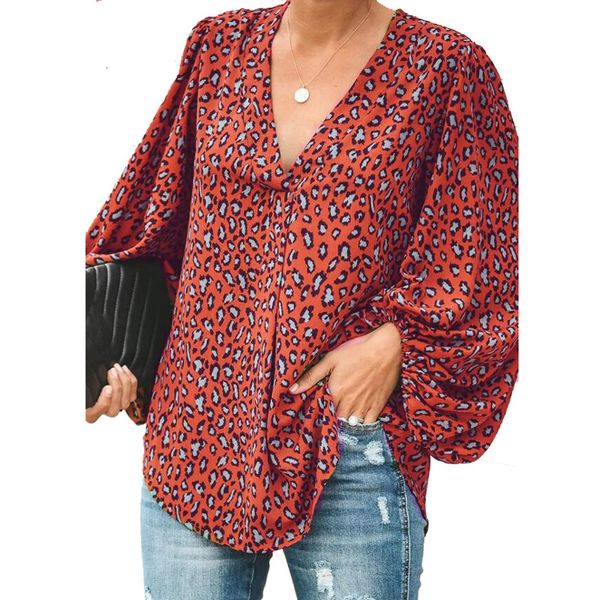 Damenblusen Hemd Leopardenmuster Bluse Dame Lose V-Ausschnitt Lange Laternenärmel Plus Size Tops AM2258 230510