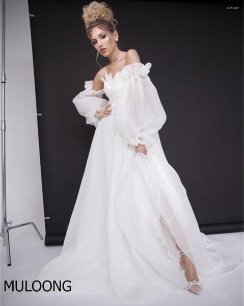 Abito da sposa MULOONG bianco senza spalline maniche a sbuffo pieghettato elegante senza schienale una linea alta fessura pavimento abiti da treno sweep