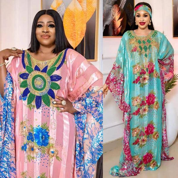 Ethnische Kleidung Afrikanische Kleider für Druck Chiffon Frauen Femme Diamanten Boubou Robe Abaya Dubai Langes Kaftan Maxikleid mit elastischem Inneren