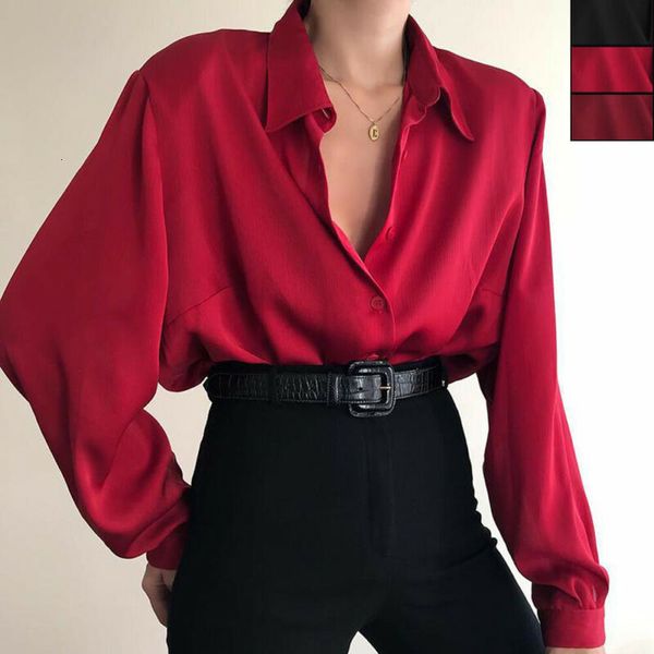 Botão de camisa de blusas feminina Turn Down do escritório da senhora de manga longa de manga longa solta solar tops de folga Redwine Red Black 230510