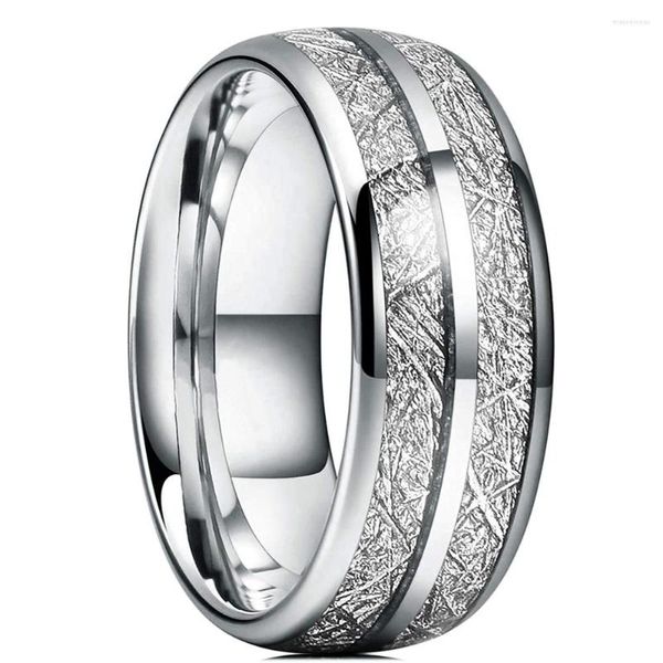 Anéis de casamento 8mm Moda de moda de cor prata Tungstênio para homens Groove duplo meteorito Bandas de aço de fibra de fibra de carbono embutidas