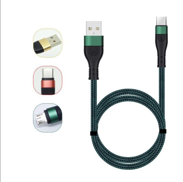 Cabos trançados de nylon multicores Tipo C Cabo de dados micro USB 2.4A Cabo de carregamento rápido para telefones Samsung Xiaomi Huawei