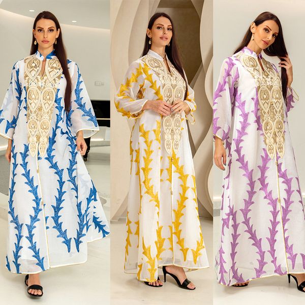 Vestidos de roupas étnicas para mulheres muçulmanas bordados de renda vneck de manga longa Party maxi vestido solto solto marroquino kaftan peru usa 230510