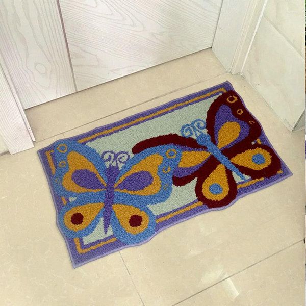 Halılar Nakış Kelebek Puafu Dikdörtgen Yumuşak Peluş Anti-kayma önleyici ön kapı Mat Mutfak Banyo Halı 80x50cm