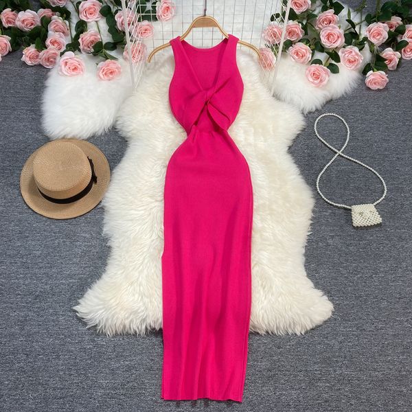 Günlük Elbiseler İnce Boyundan Bağlamalı Seksi Bölünmüş Yaz Örme Bodycon Uzun Elbise Kadın Parti Backless Robe Ete Kılıf Bandaj Tunik Vestidos