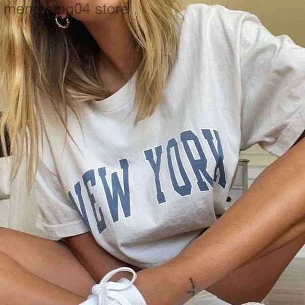 T-shirt feminina American Vintage Style Letters New York Imprimindo mulheres de verão Y2K T CHAMISTAS PARA MULHERES CREVELHAS DE CREVELHO BRANCO LOLHAS TOPS TEES T230510